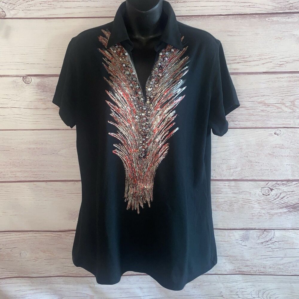 Sew What One of a Kind Womens L Black Rhinestone Pearl Embellished Tunic Top A5